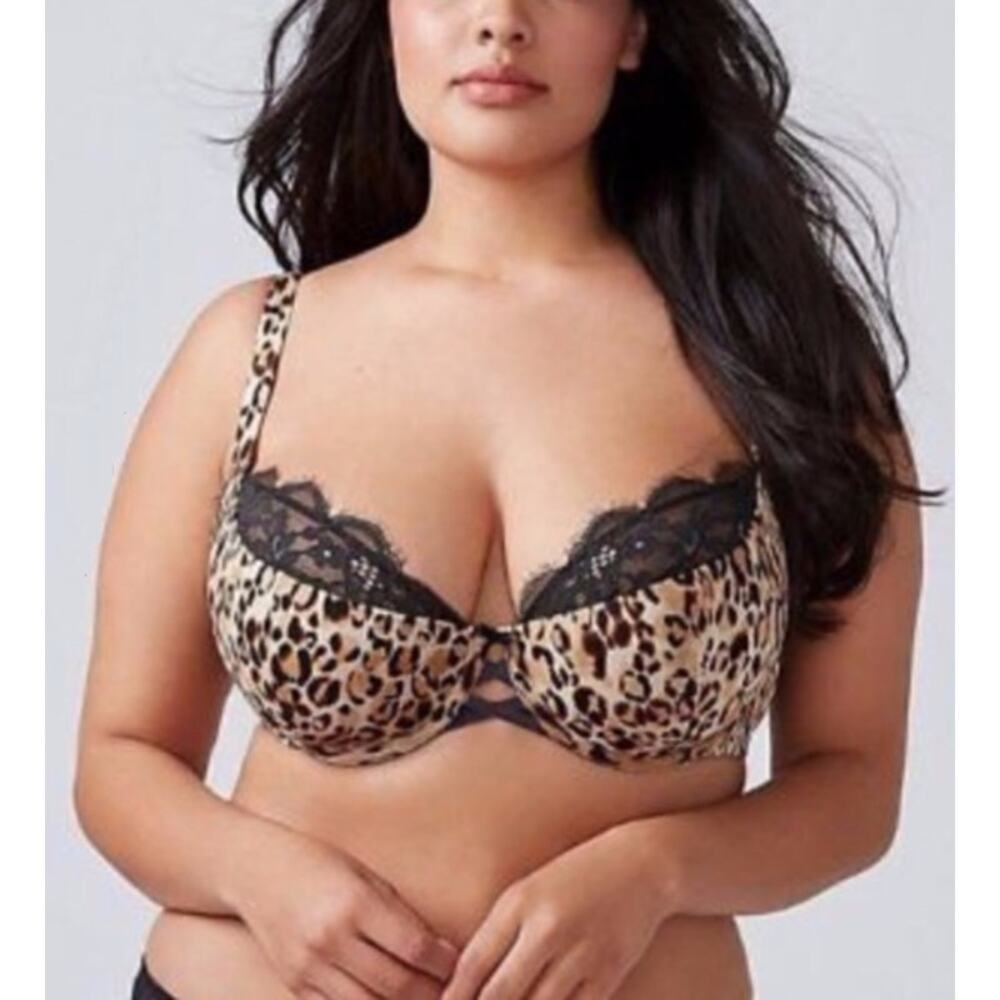 Cacique NEW Seriously Sexy Leopard & Black Lace French Balconette Bra 44H Plus